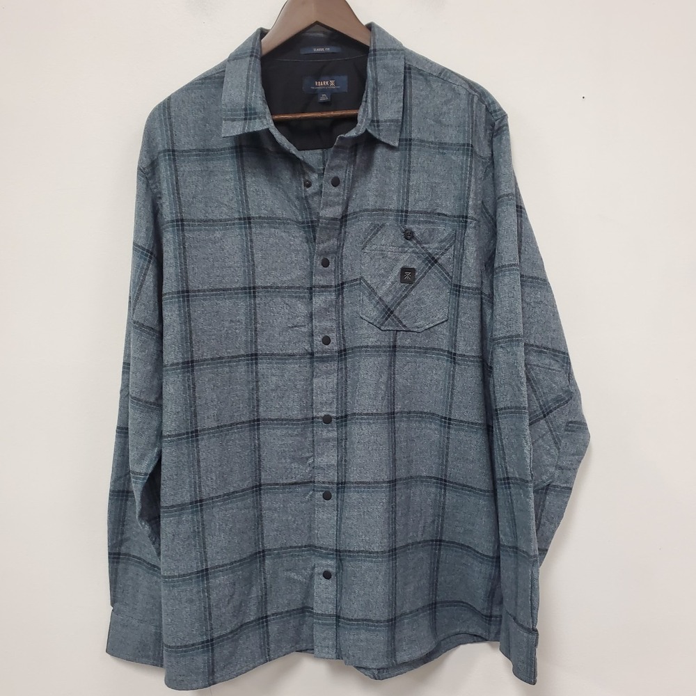 Roark Mens Classic Fit Snap Front Shirt Size XL Blue Plaid Elbow Patches Flannel